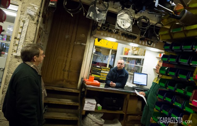John Crook (left) greets customer